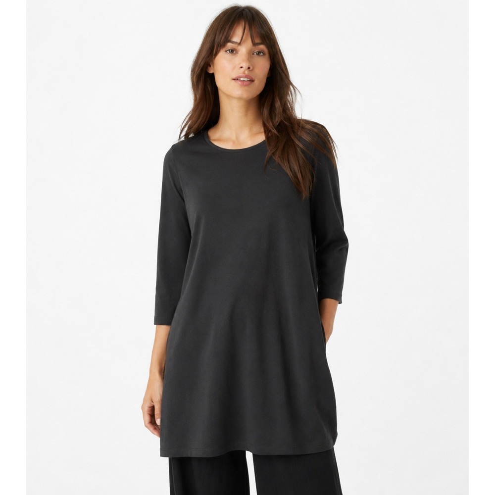 Eileen Fisher Charcoal Grey Organic Cotton 3/4 Sleeve Tunic Top Small S170J